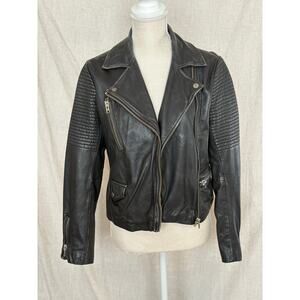 Topshop Black Leather Moto Zip Jacket Size 6